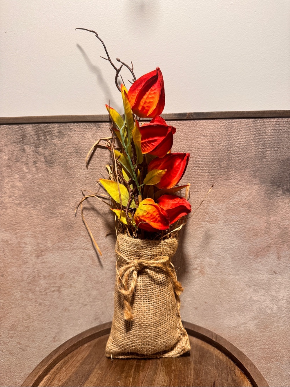 Rustic Burlap Fall Floral Arrangement Orange Chinese Lantern Farmhouse Decor